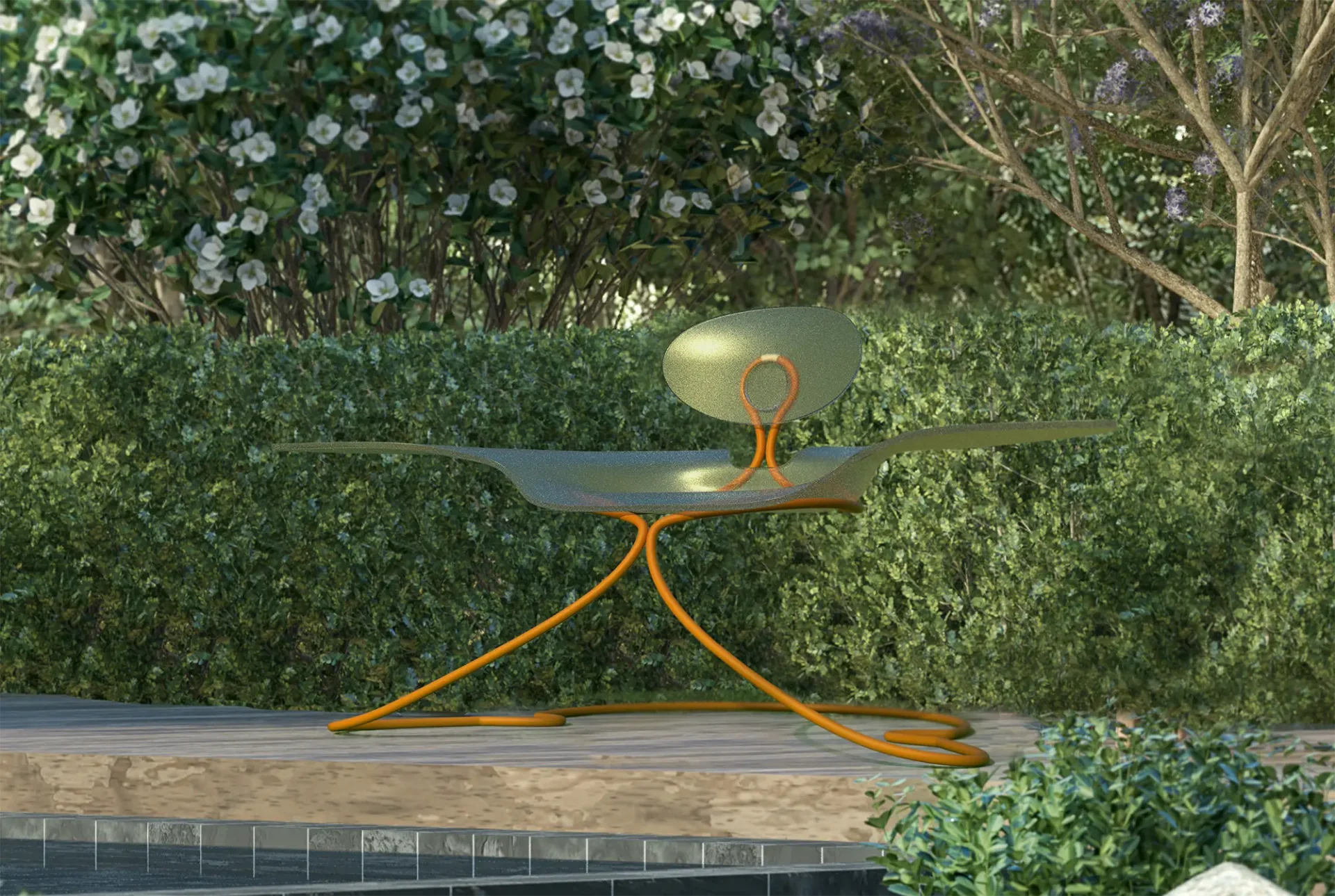 Glass Chair with Orange metal support in outdoor garden