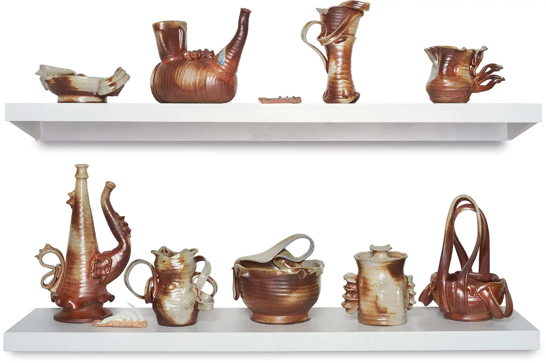 9 brown vessels on two shelves