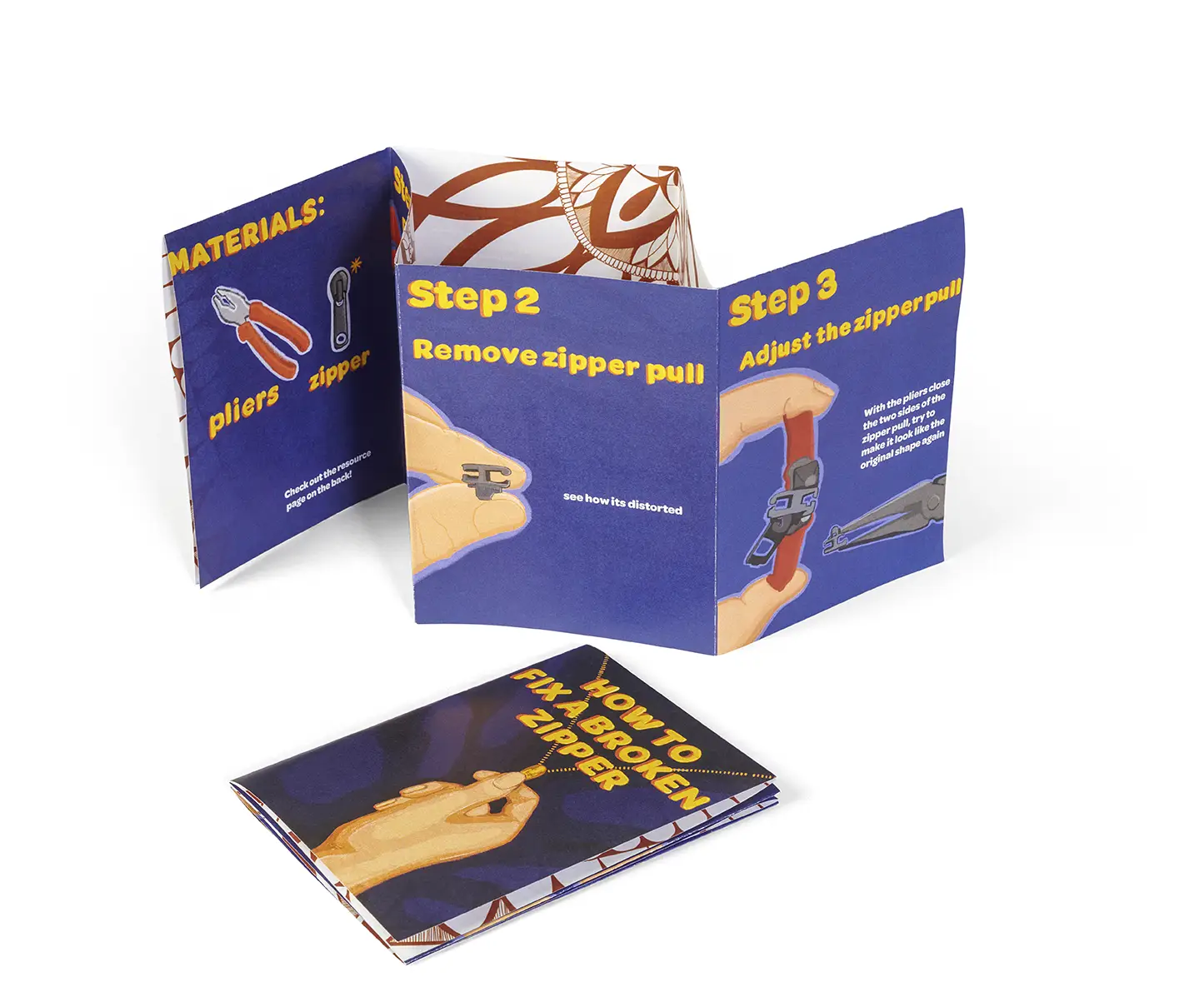 How to Remove a Zipper book folded out to show various pages as well as the cover