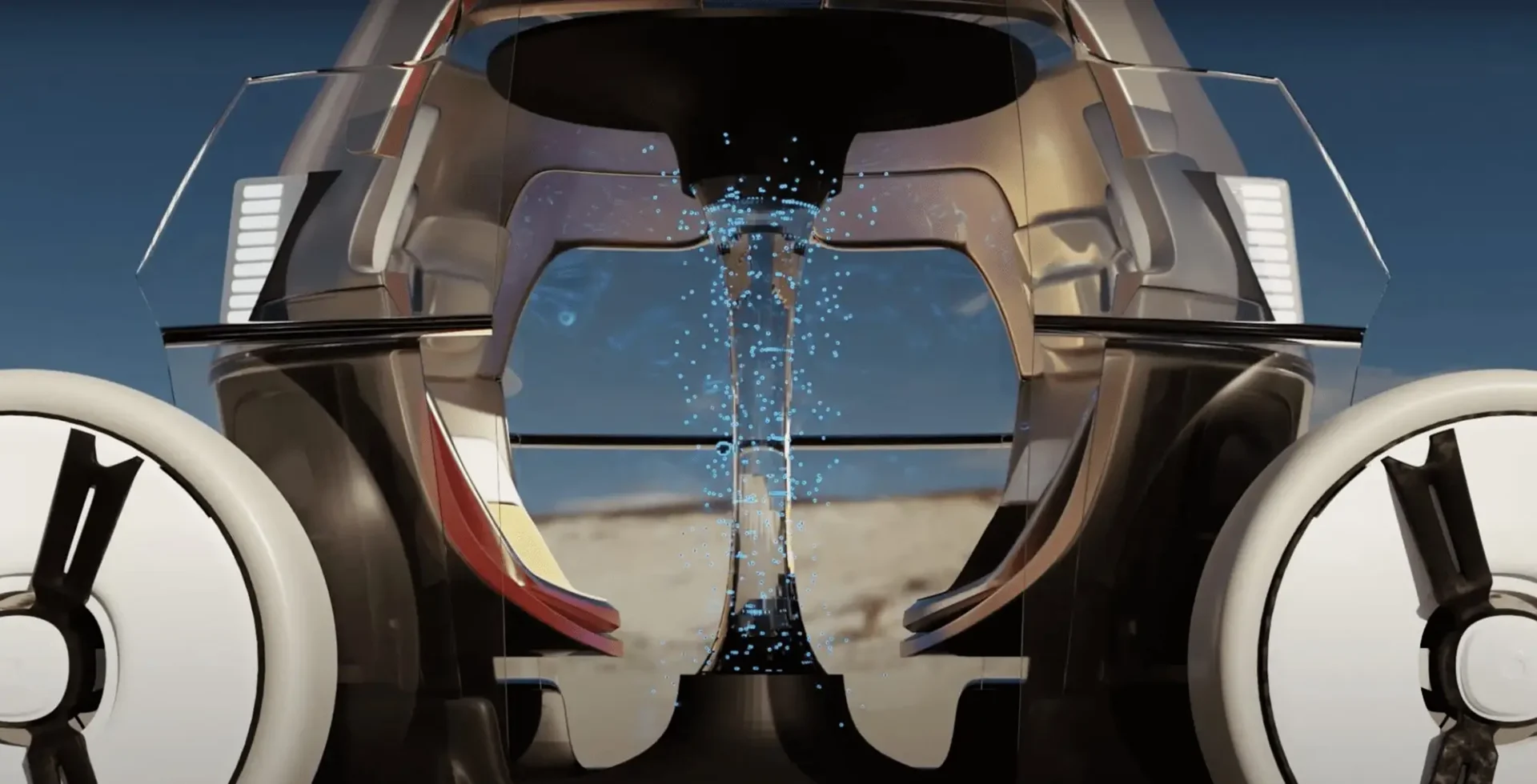 A concept design of a vehicle, featuring a center powered by water