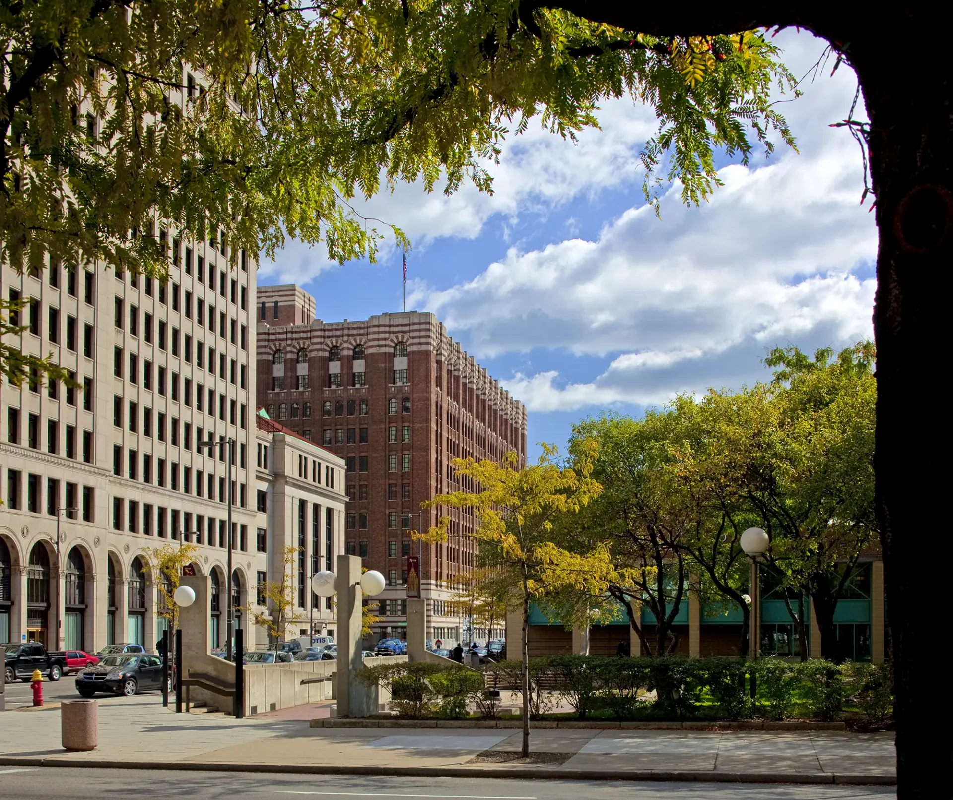 A photo of the Taubman Center from a distance on a sunny day