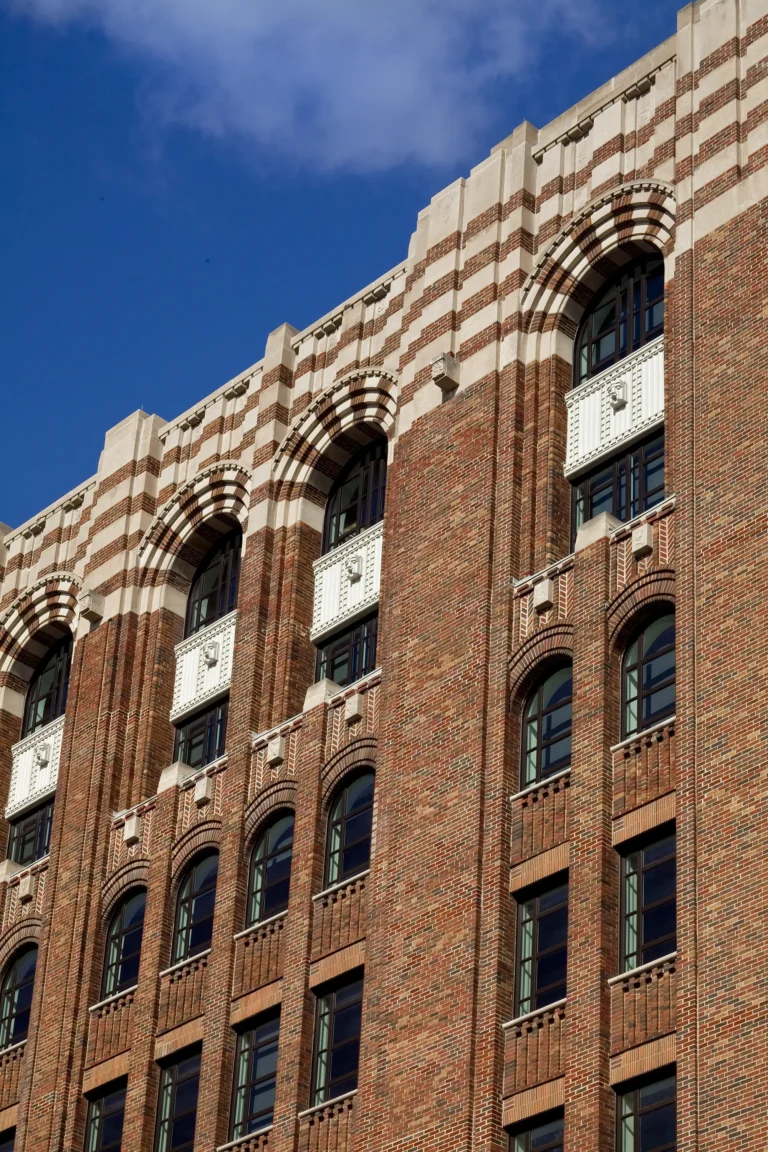 A detailed shot of the exterior of the top of the Taubman Center