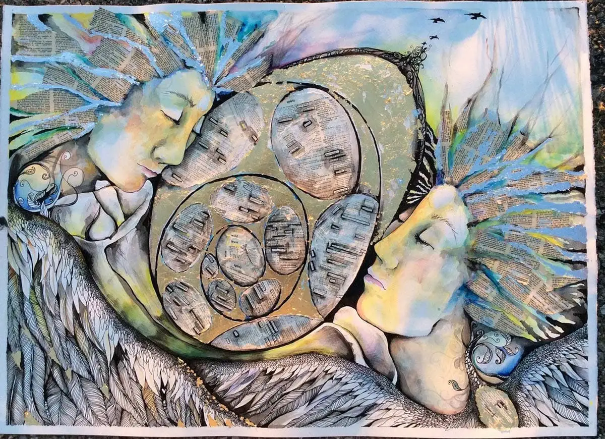 A serene mixed-media collage artwork featuring two winged, ethereal figures with closed eyes flanking a central golden Fibonacci spiral. The figures have highly detailed, ink-drawn wings, and their spiky hair is crafted from collaged book pages washed with blue and green watercolors.