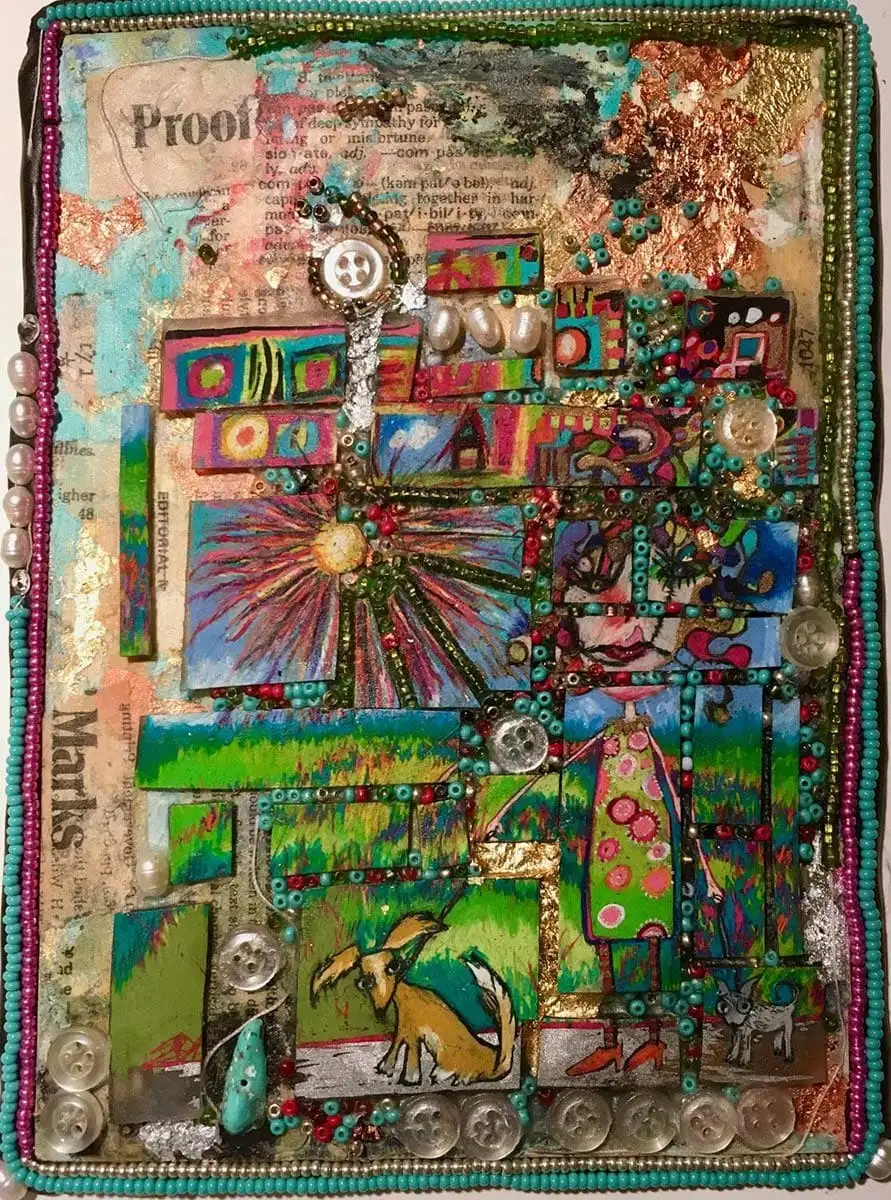 Mixed media collage of a person and a dog near grass with the sun shining using beads, book pages, buttons and painted squares by Amy Ruopp.
