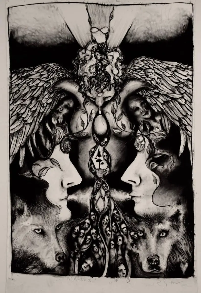 Black and White drawing of a human/bird with large wings and two faces looking at each other with two wolf faces underneath by Amy Ruopp.