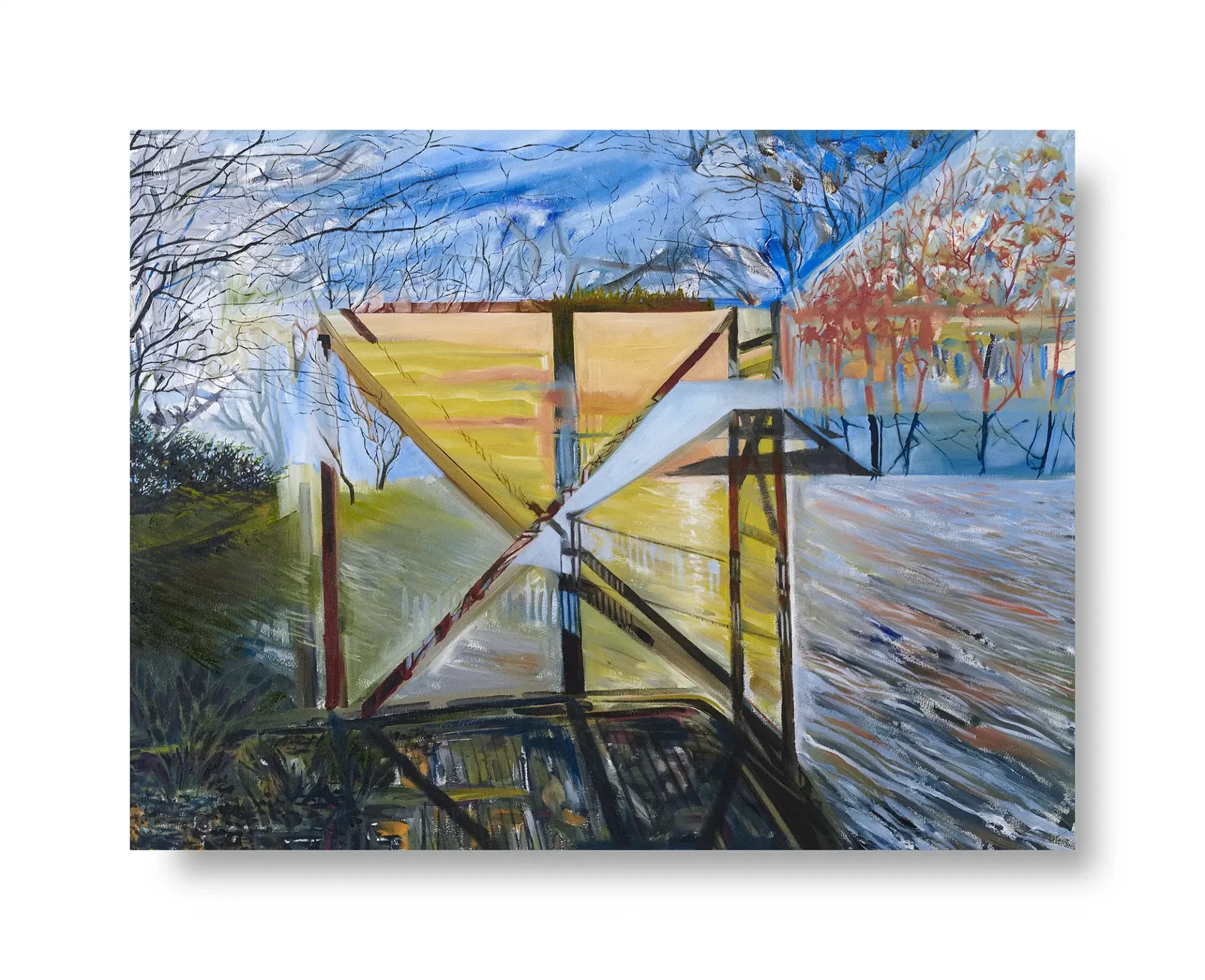 Fragmented memory image of boat dock on the lake
