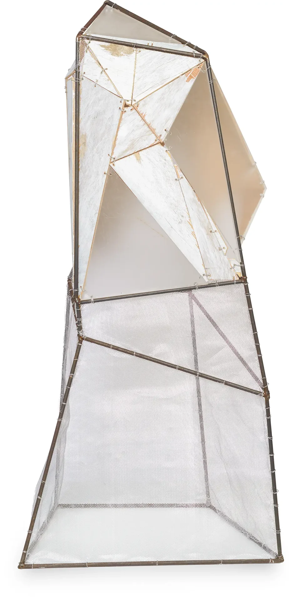 Its a weird crystal white steel frame with wood and wire. looks like trash