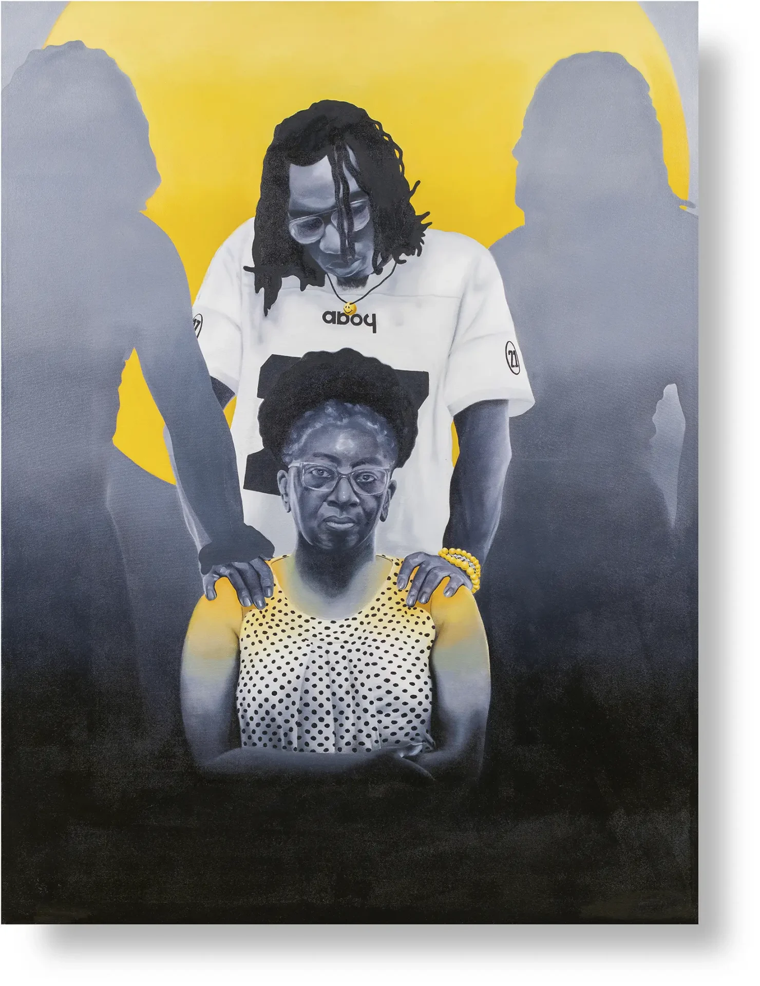 Black and white oil painting with yellow accents describing a connection from son to mother