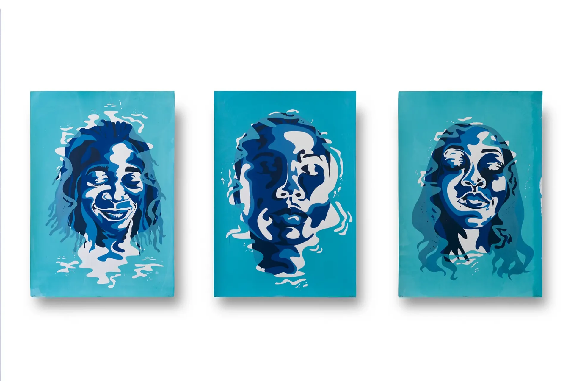 A series of blue colored screen prints