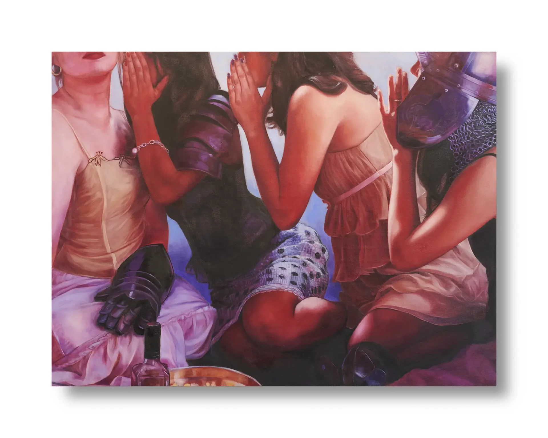 Four girls are gossiping in a neo-gothic setting. Writing on the back. needs to be hung from ceiling