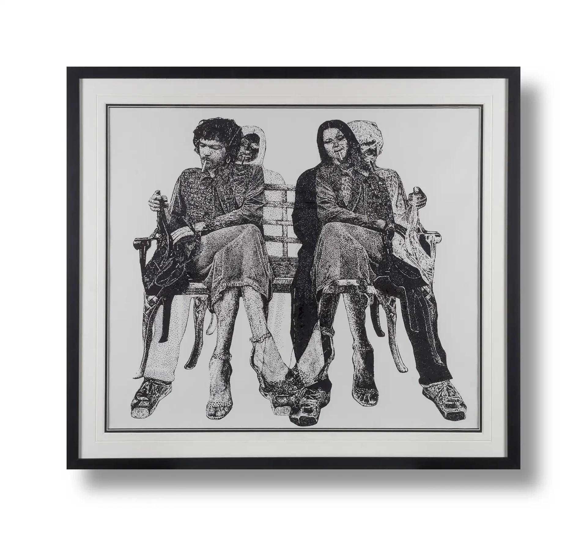 Stippling drawing featuring two seated figures smoking