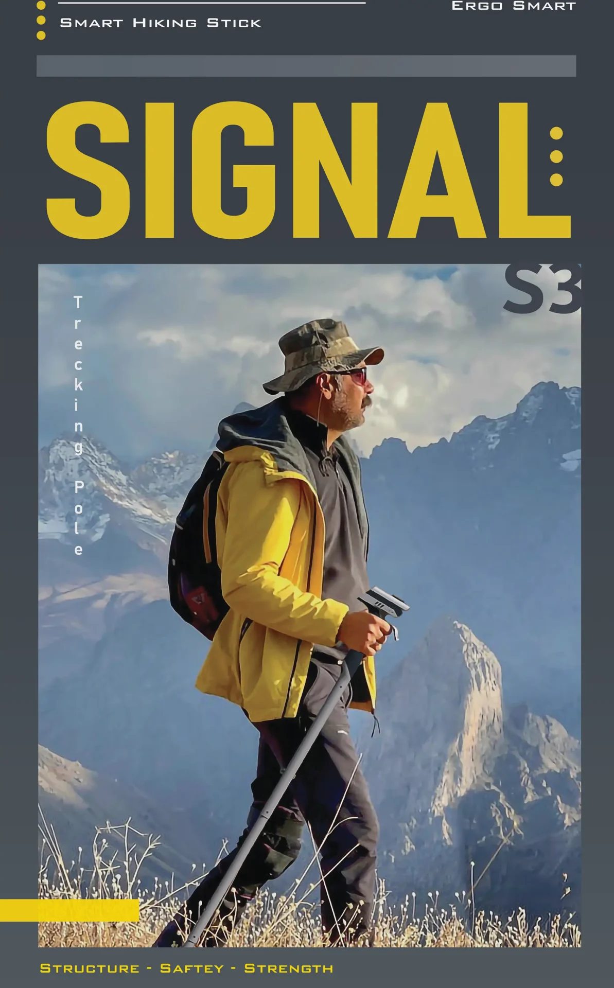 Rendering of a mountain scene with man in yellow jacket carrying a technology-enhanced walking stick.