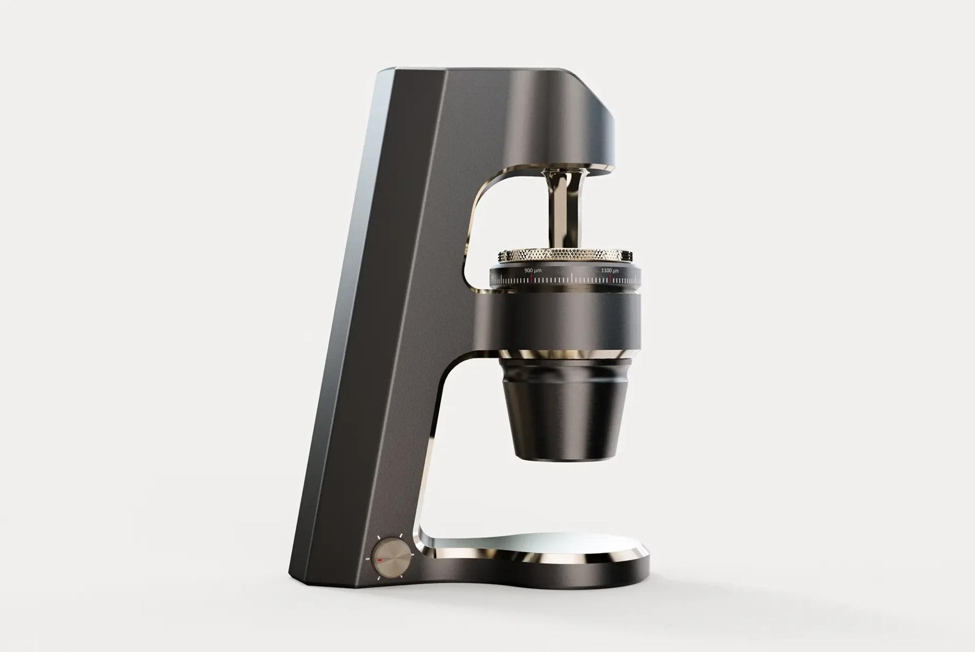 Digital Rendering of a matte metallic black coffee grinder on a white background