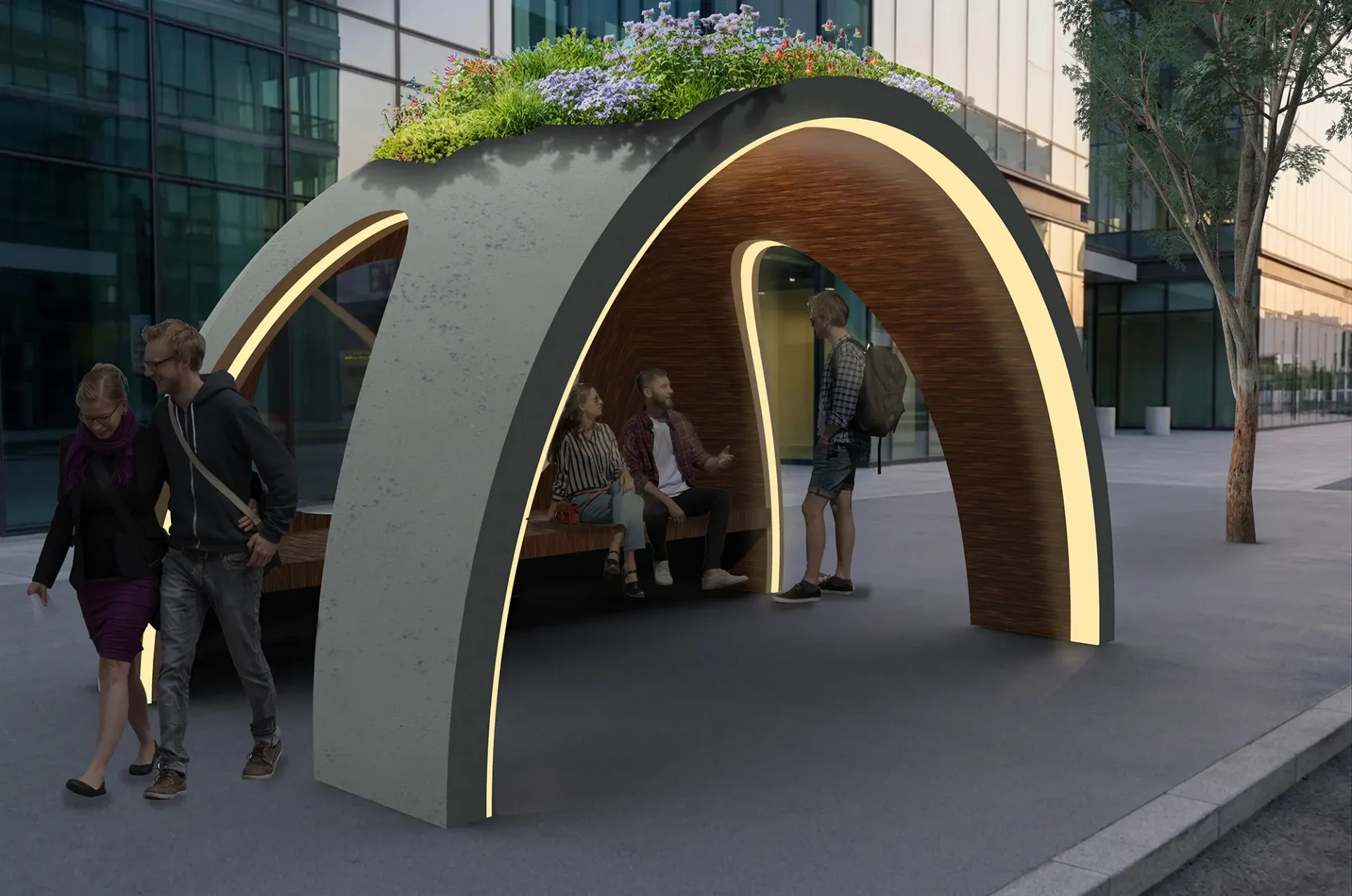 Arched concrete bus stop with seating inside and lights around edges of openings of arch with a flower bed on top, set on a city block in an urban area.