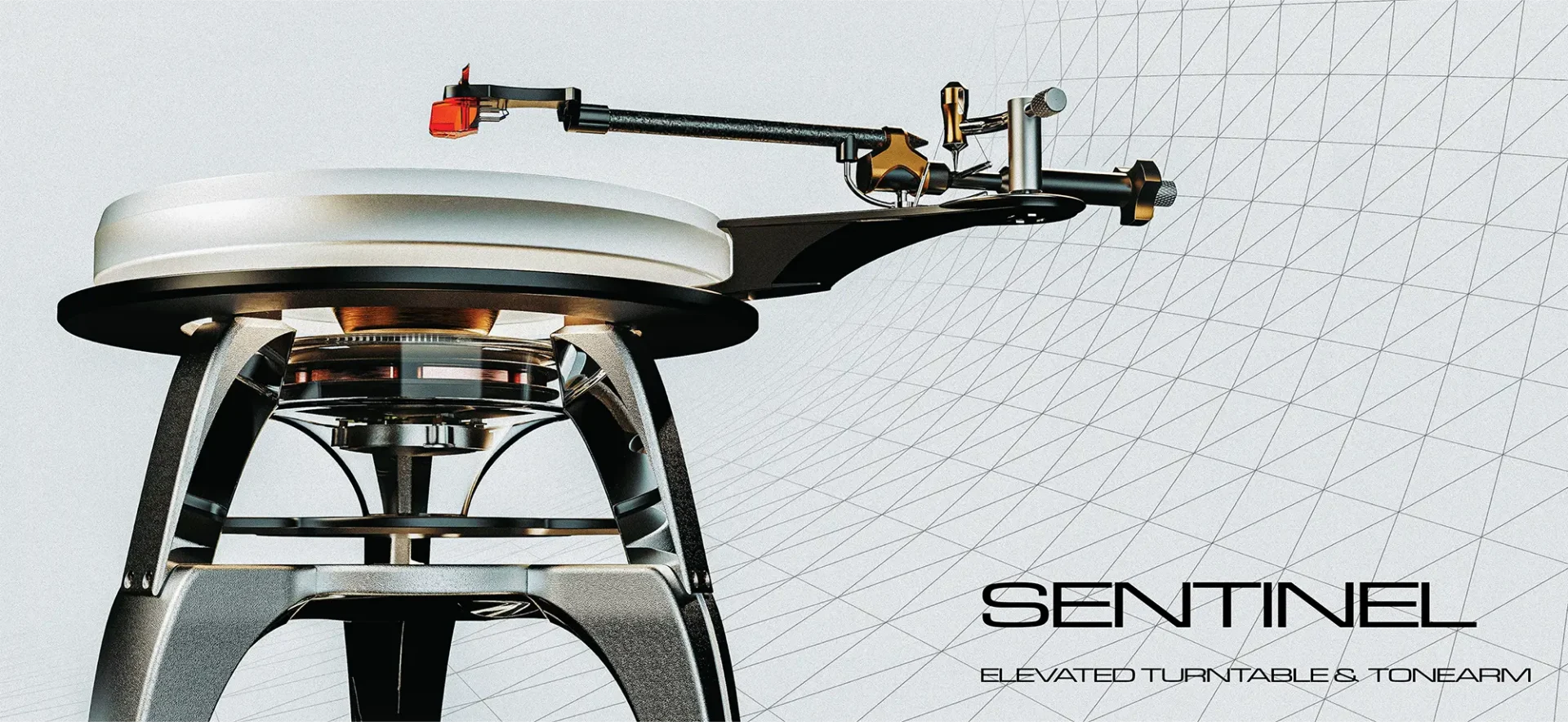 Close up of Sentinel, a record player tone arm only with call outs