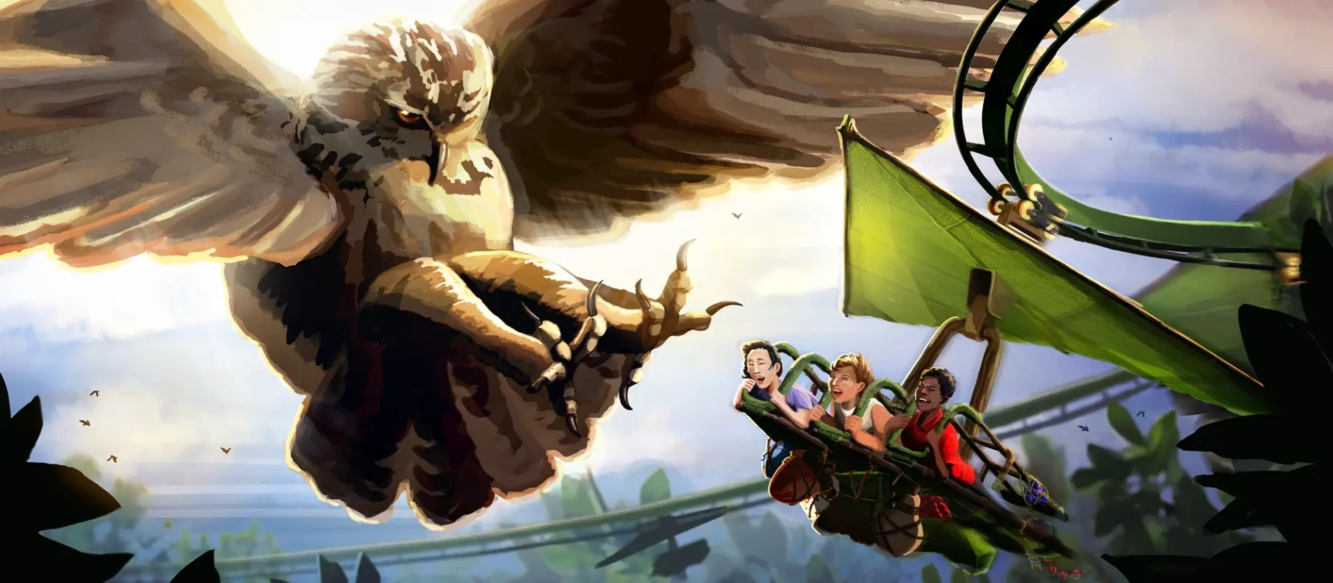 Digital Illustration of a large owl flying close to amusement ride with resembles a hang glider and riders laughing.