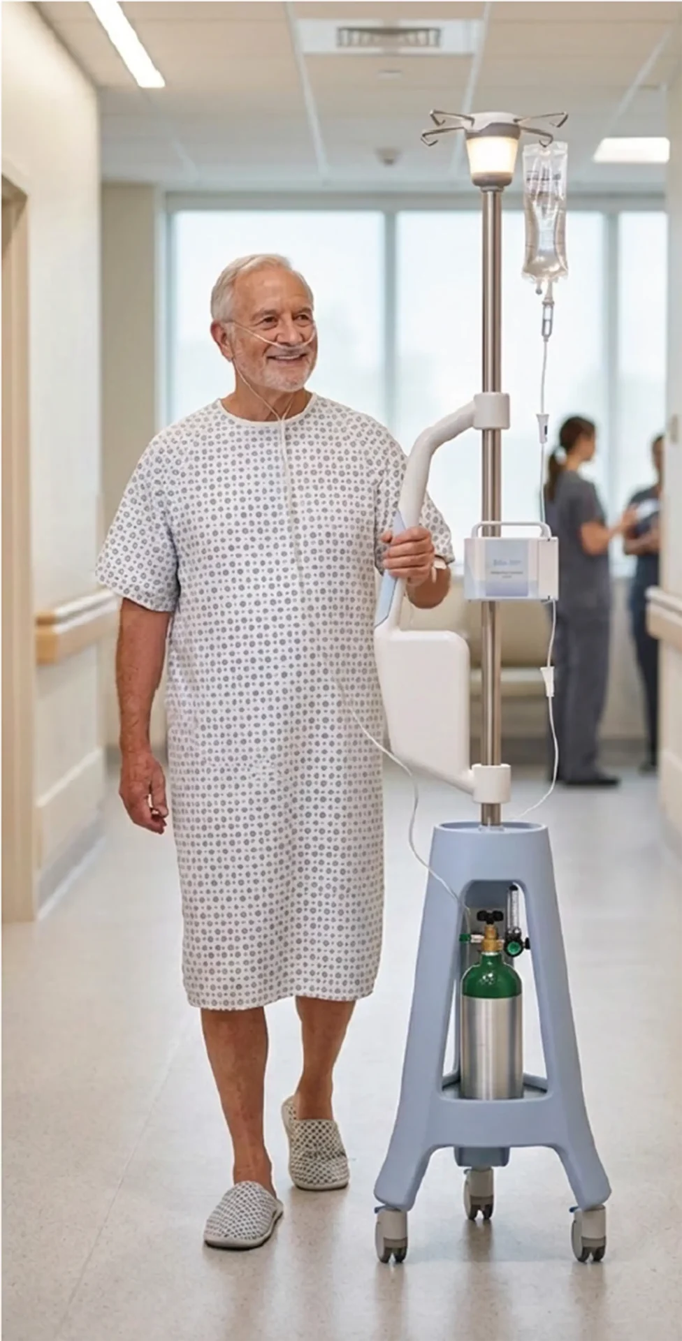 Man in hospital hallway with IV Pole