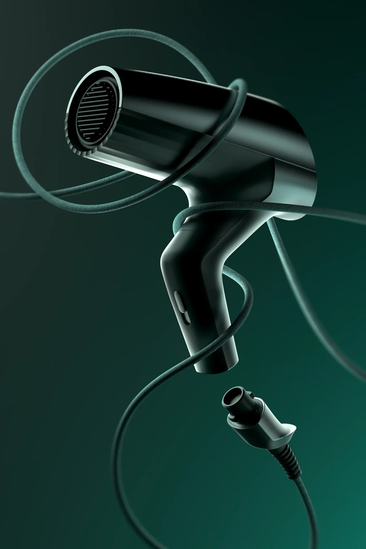Rendering of sleek hairdryer with a green cord on a green gradient background bathed in a green light.