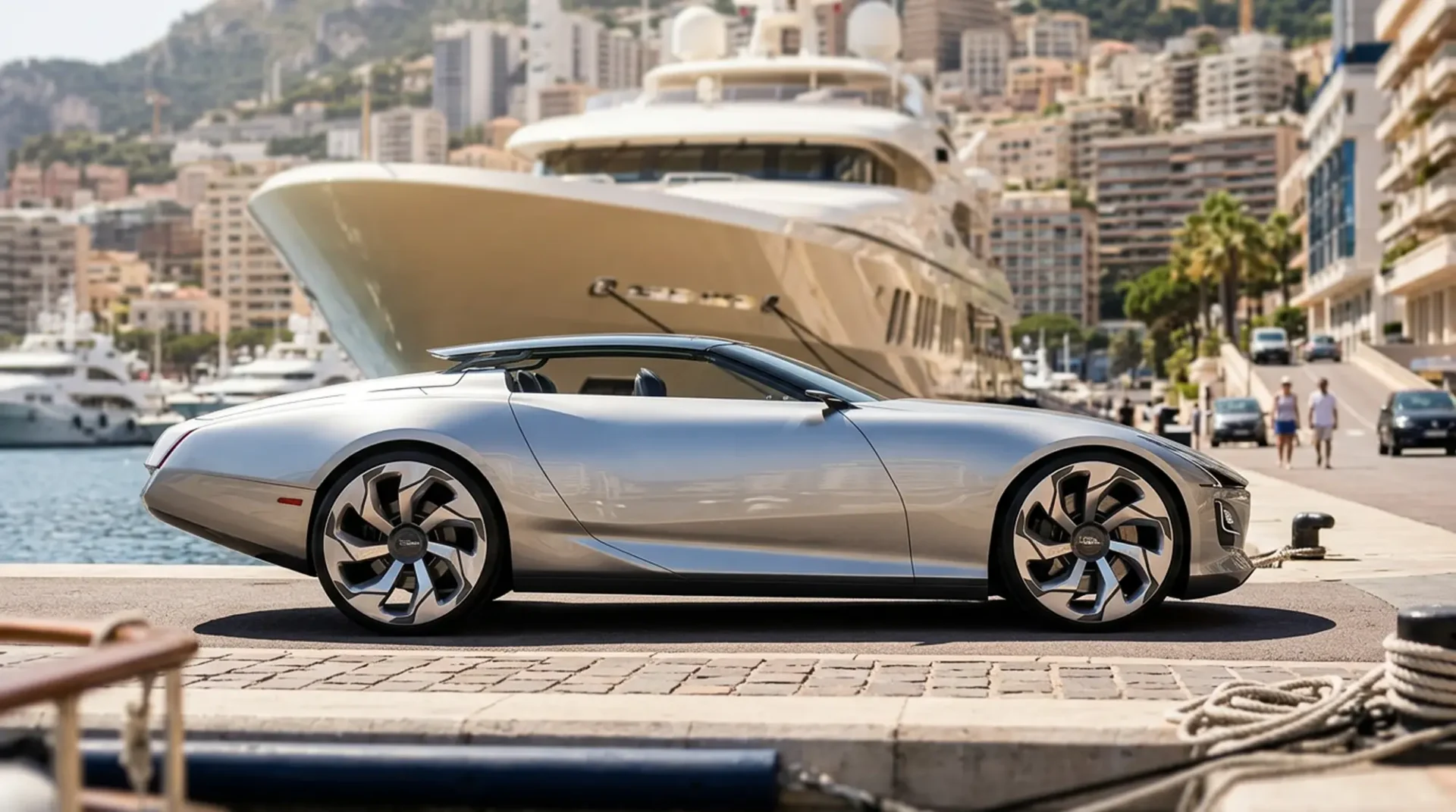 A side view of the Jaguar Monaco in a city setting with water behind