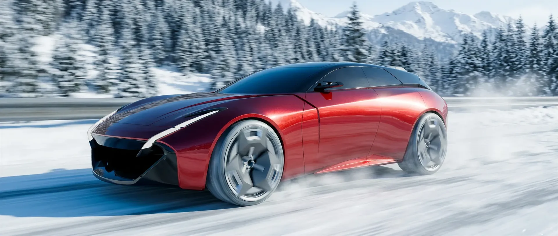 A rendering of the Mazda Reso dirving through a snowy field with trees in the background