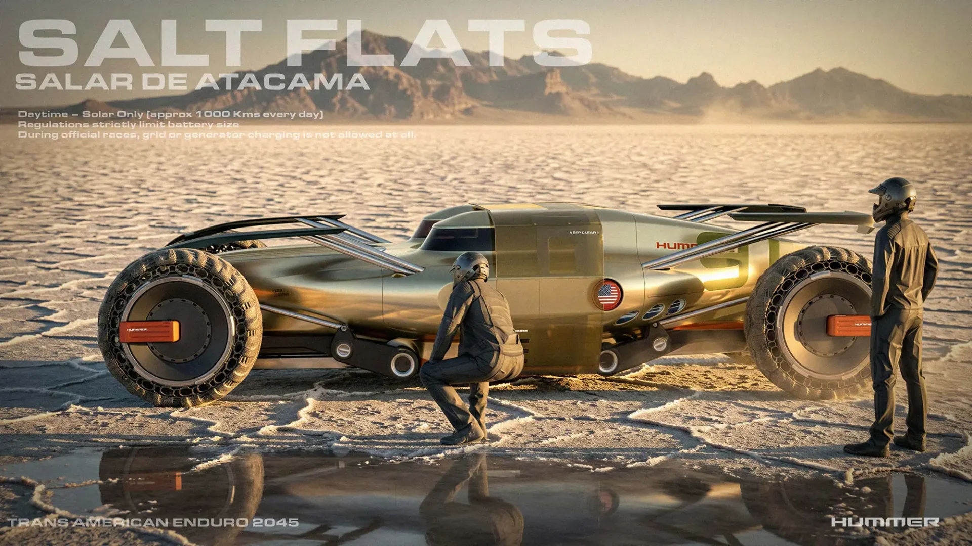 A detailed rendering of the 2 people in helmets outside of the Hummer Humvee O.G. Off Grid in a Mars like landscape