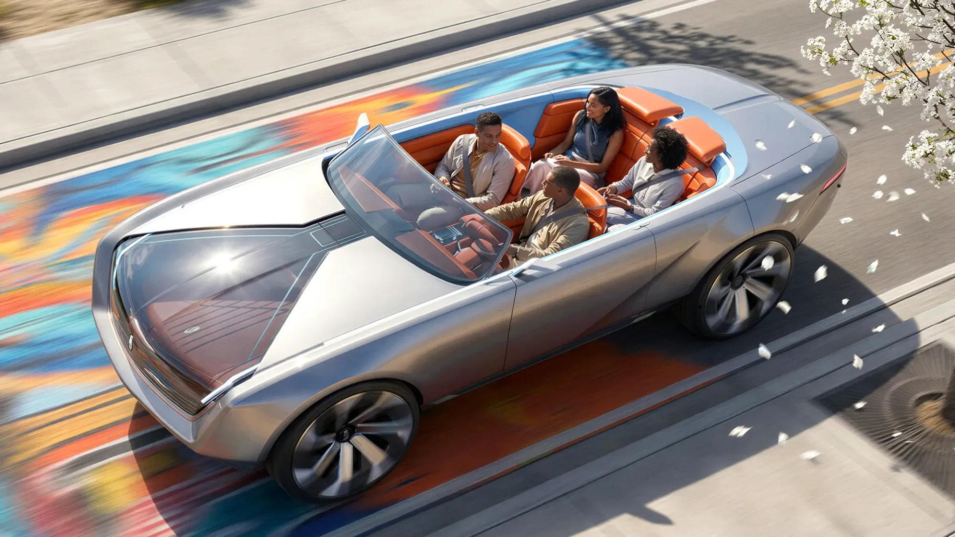 A detailed rendering of 4 people driving down a road in the Lincoln Chariot