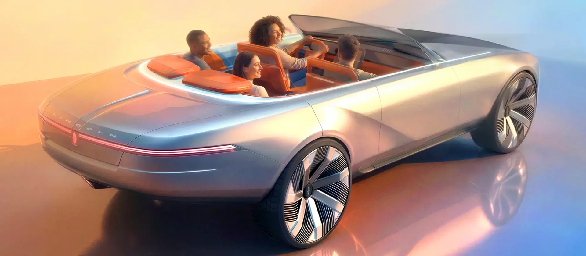 A detailed rendering of 4 people inside of the Lincoln Chariot