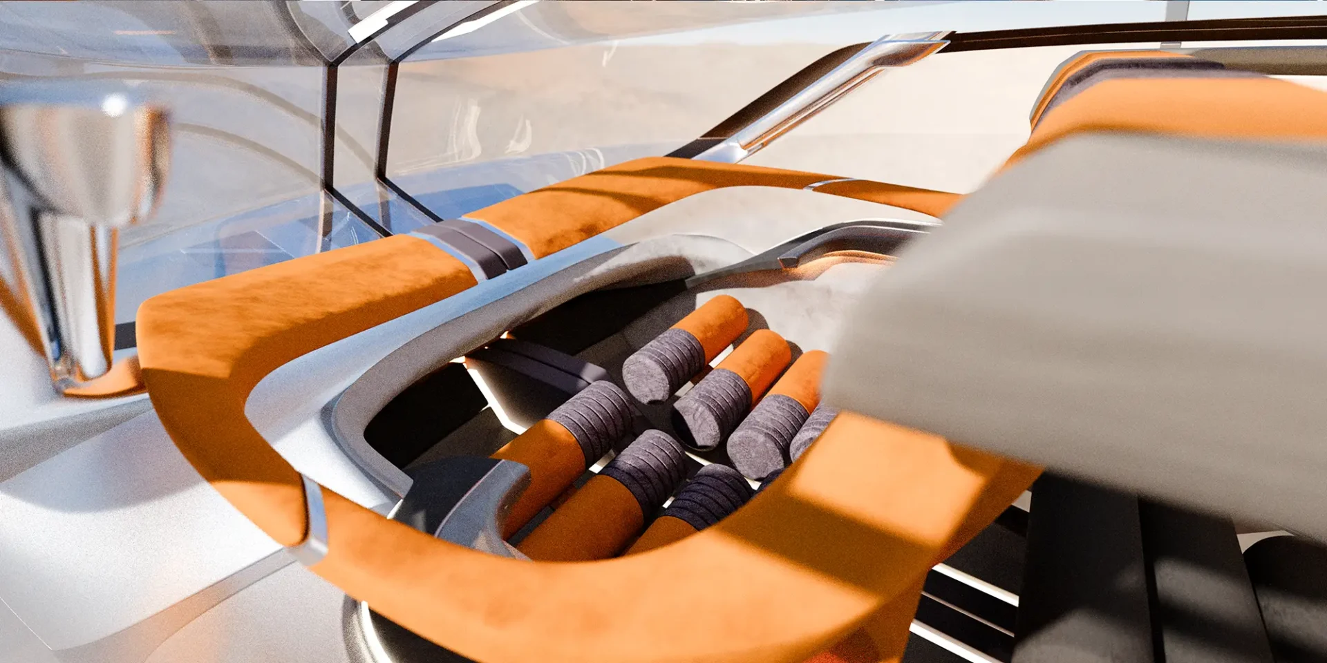 Detailed rendering of the seats in the 2100 Afro-Futurism