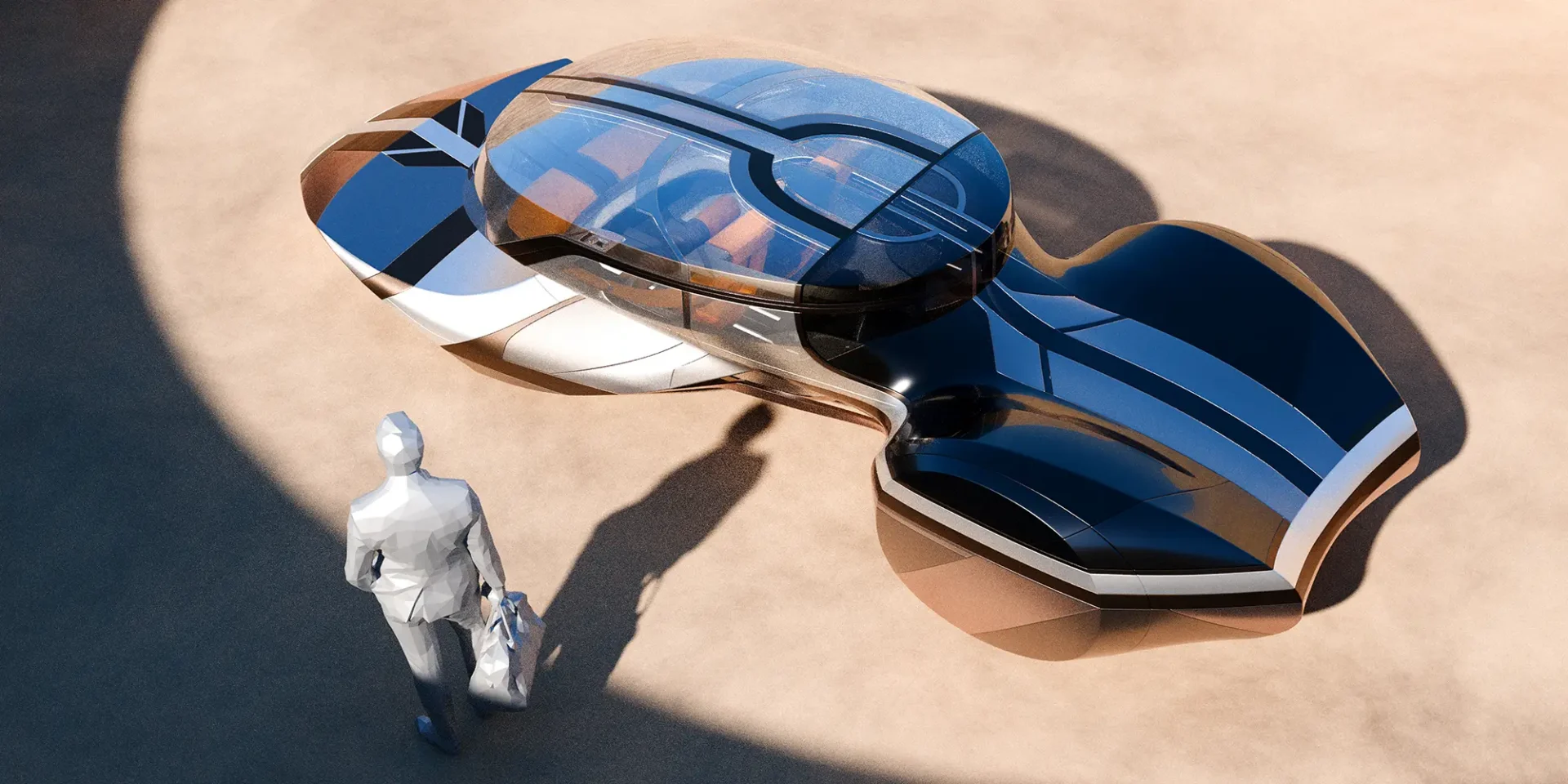 A rendering of a businessman walking up to the 2100 Afro-Futurism