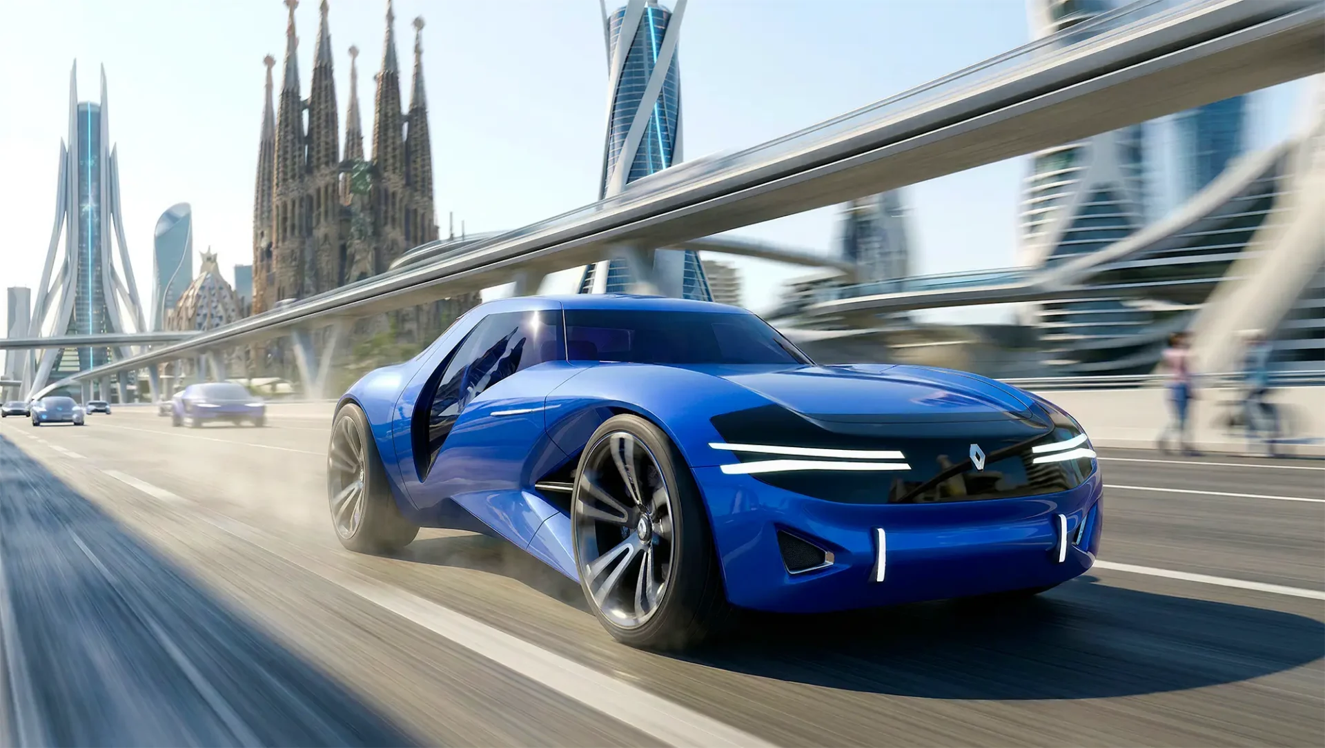 A rendering of the Renault Juega driving fast through a city