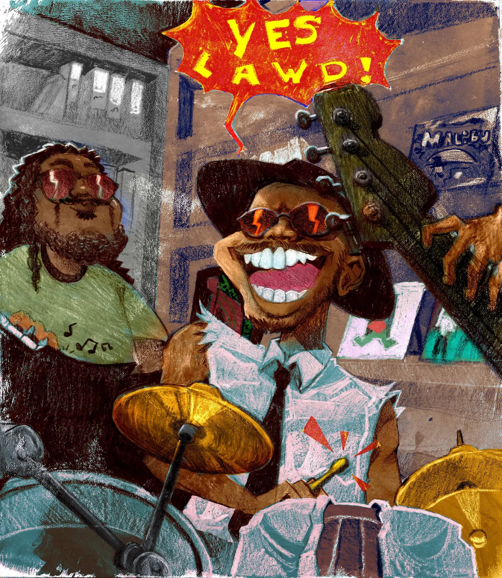 man wearing sunglasses and playing a drum set