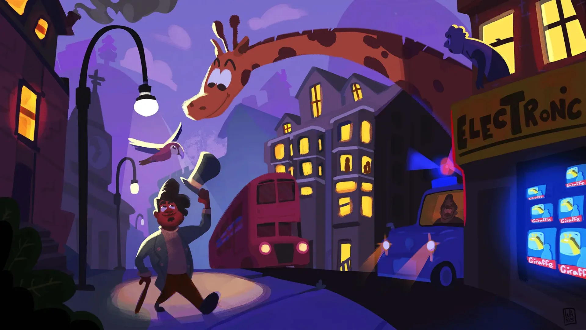 Man lifts his top hat looking at bird and giraffe