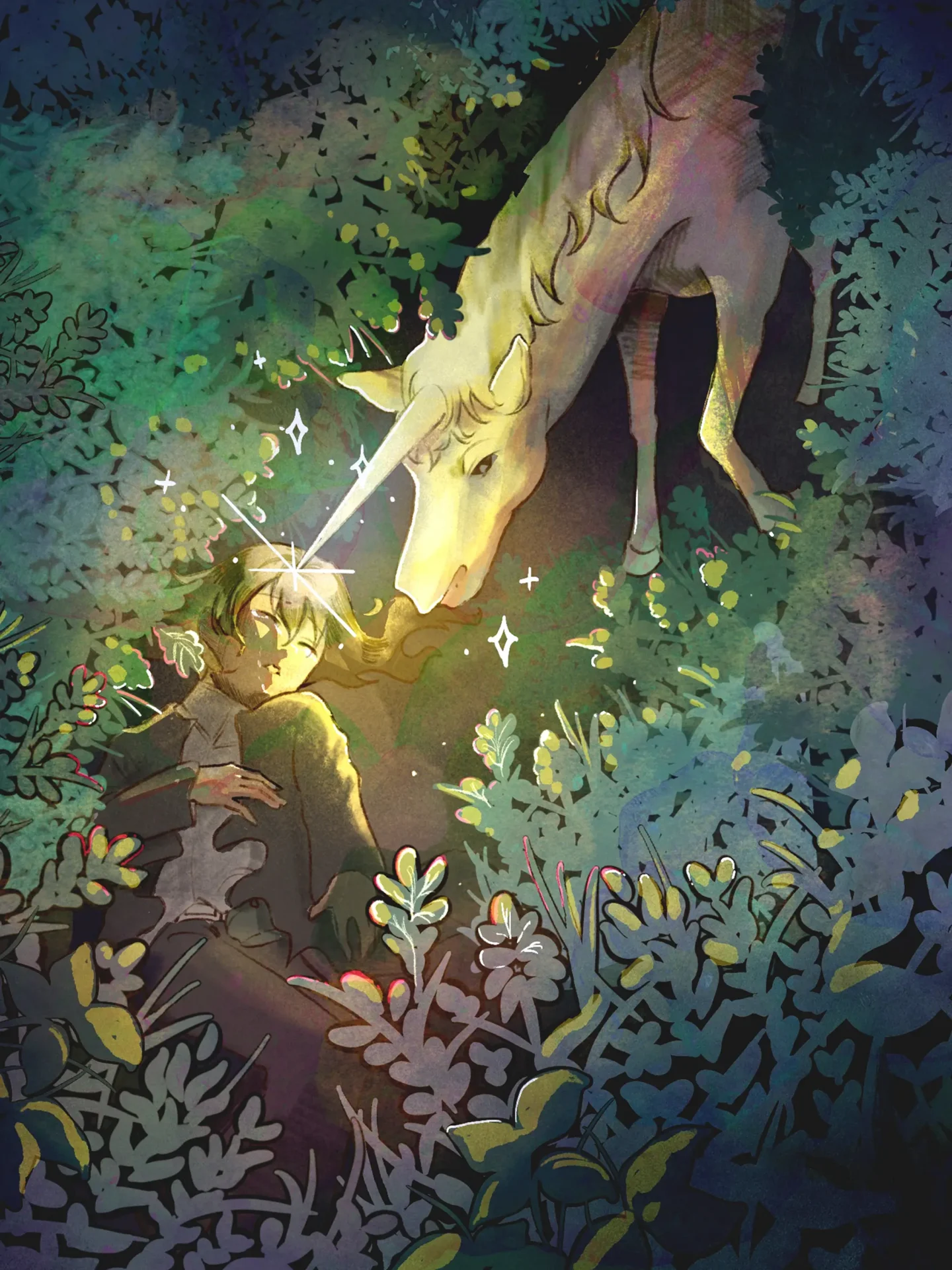 a girl lays on the groun with a lightbeam coming out of her forhead while a unicorn approaches