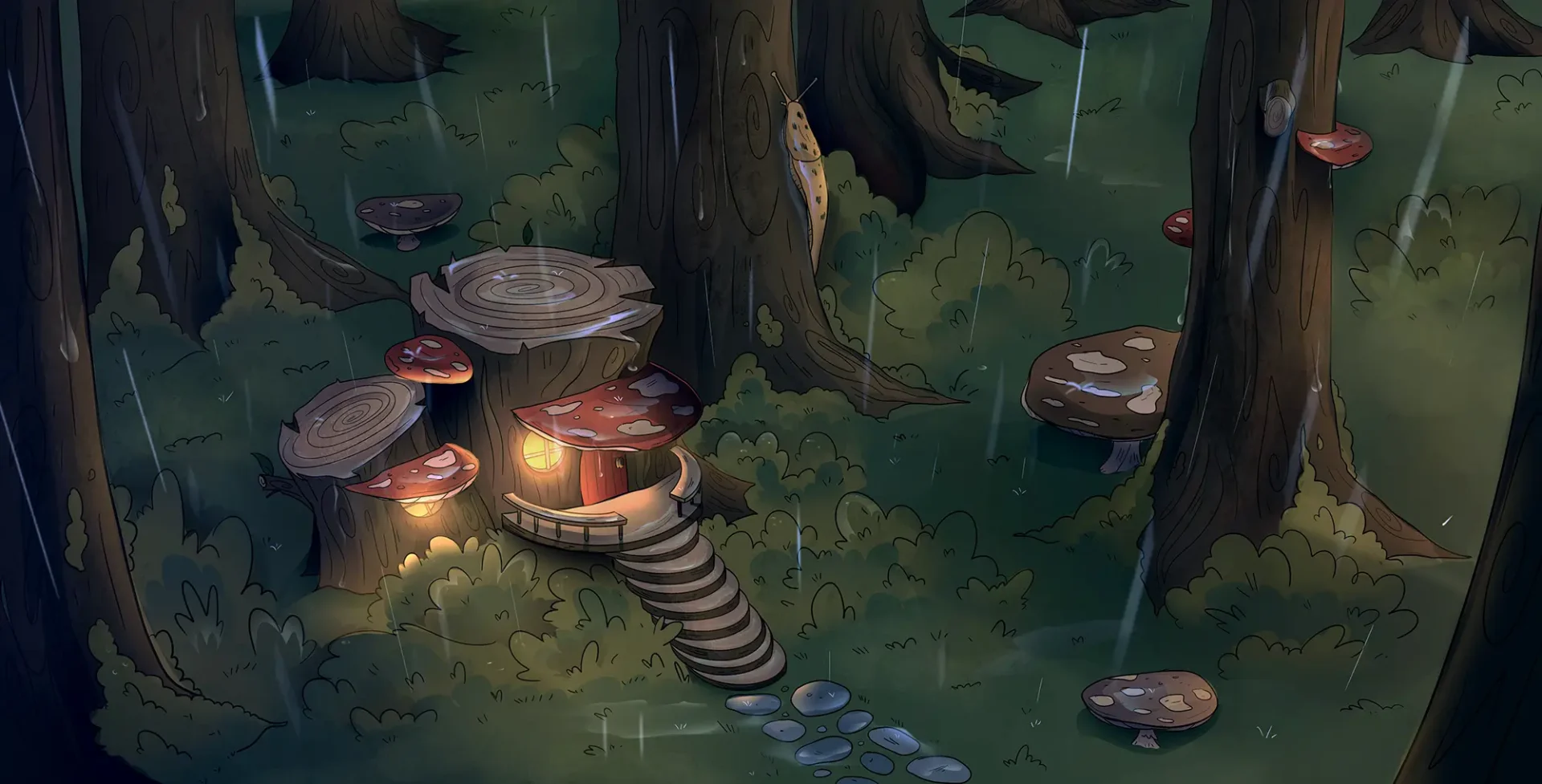 Home made out of a tree stump with red mushrooms growing out of it