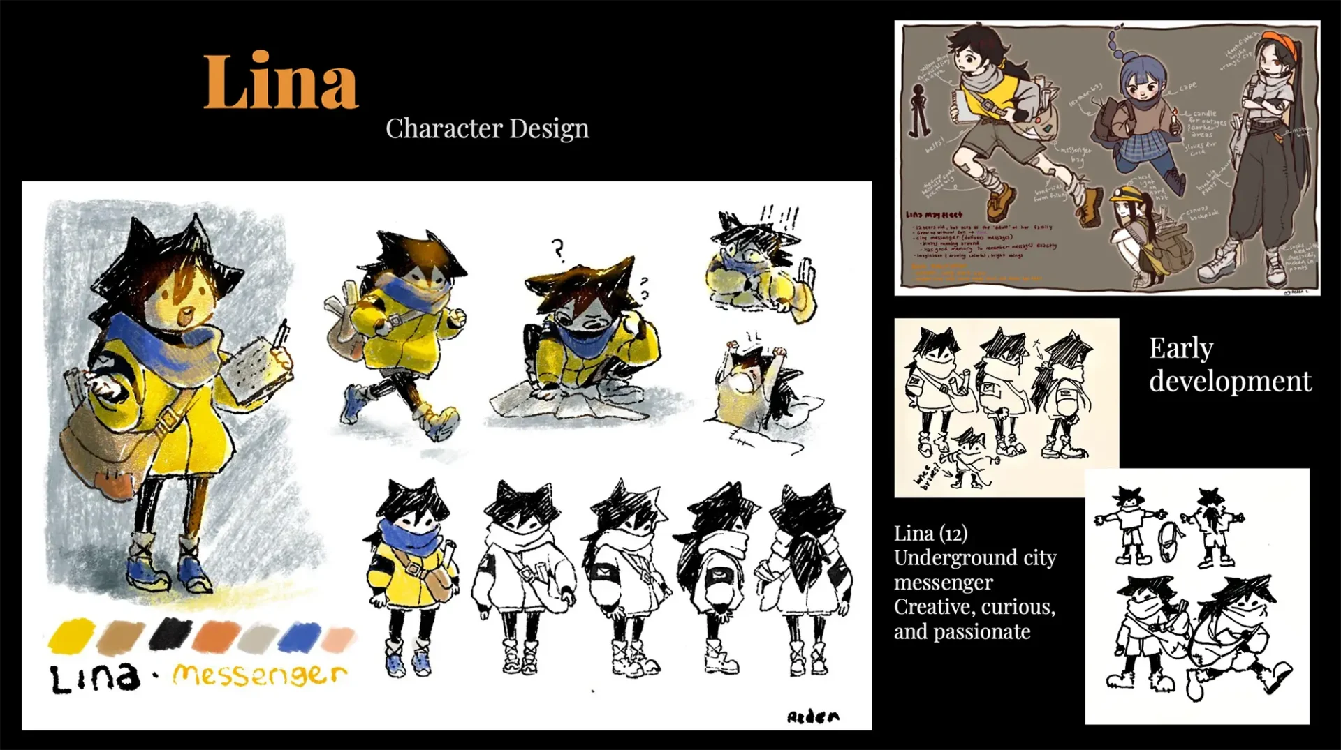 character with black spiked hair with yellow jacket and messenger bag