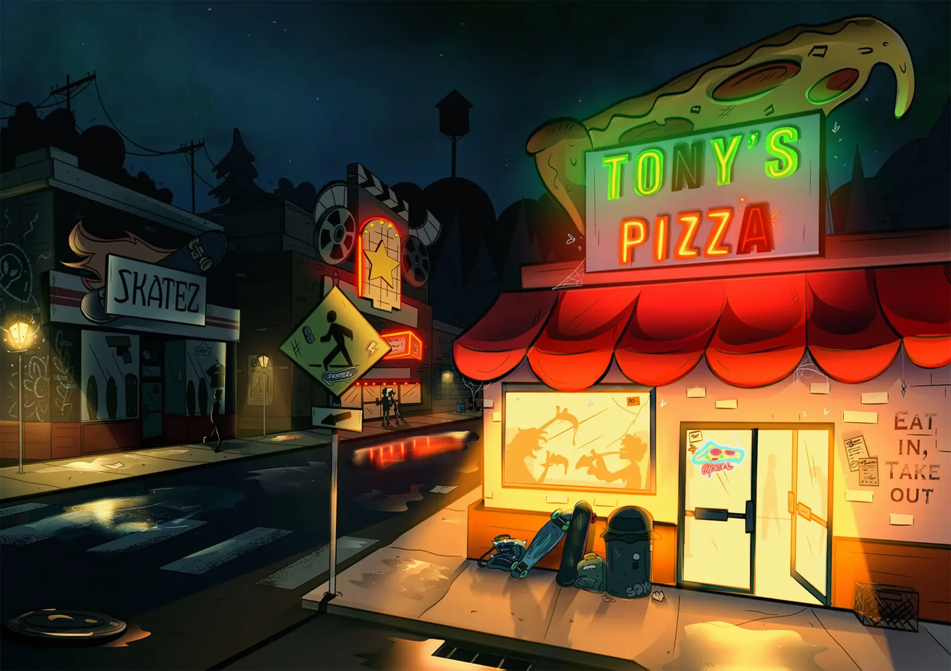 Outside of the street corner at a pizza restuarant