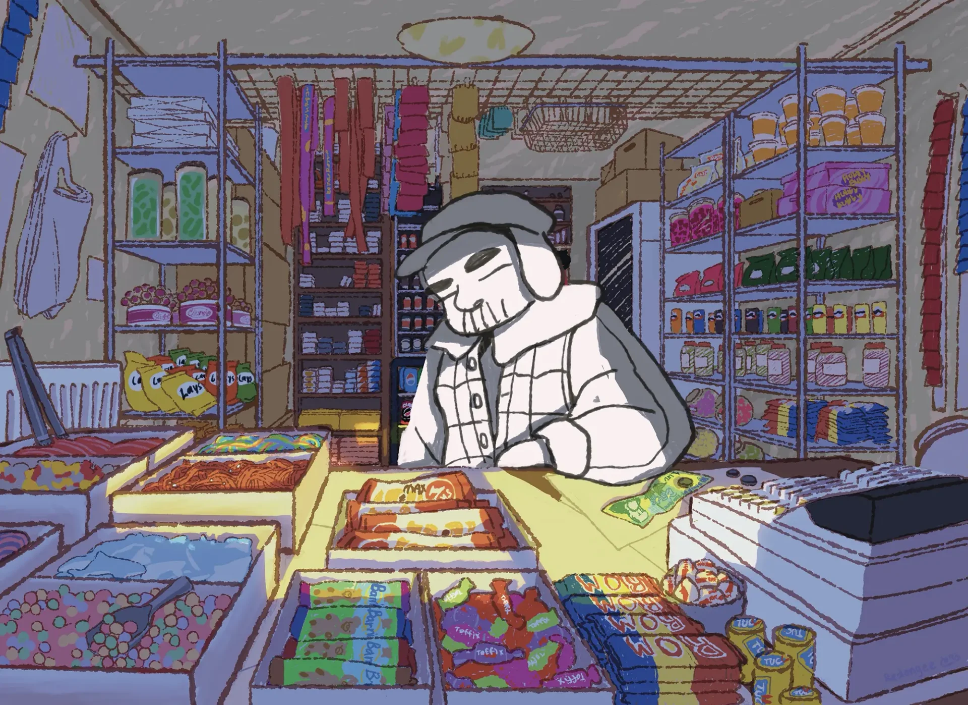 A man in a hat stands behind the counter at a convenience store