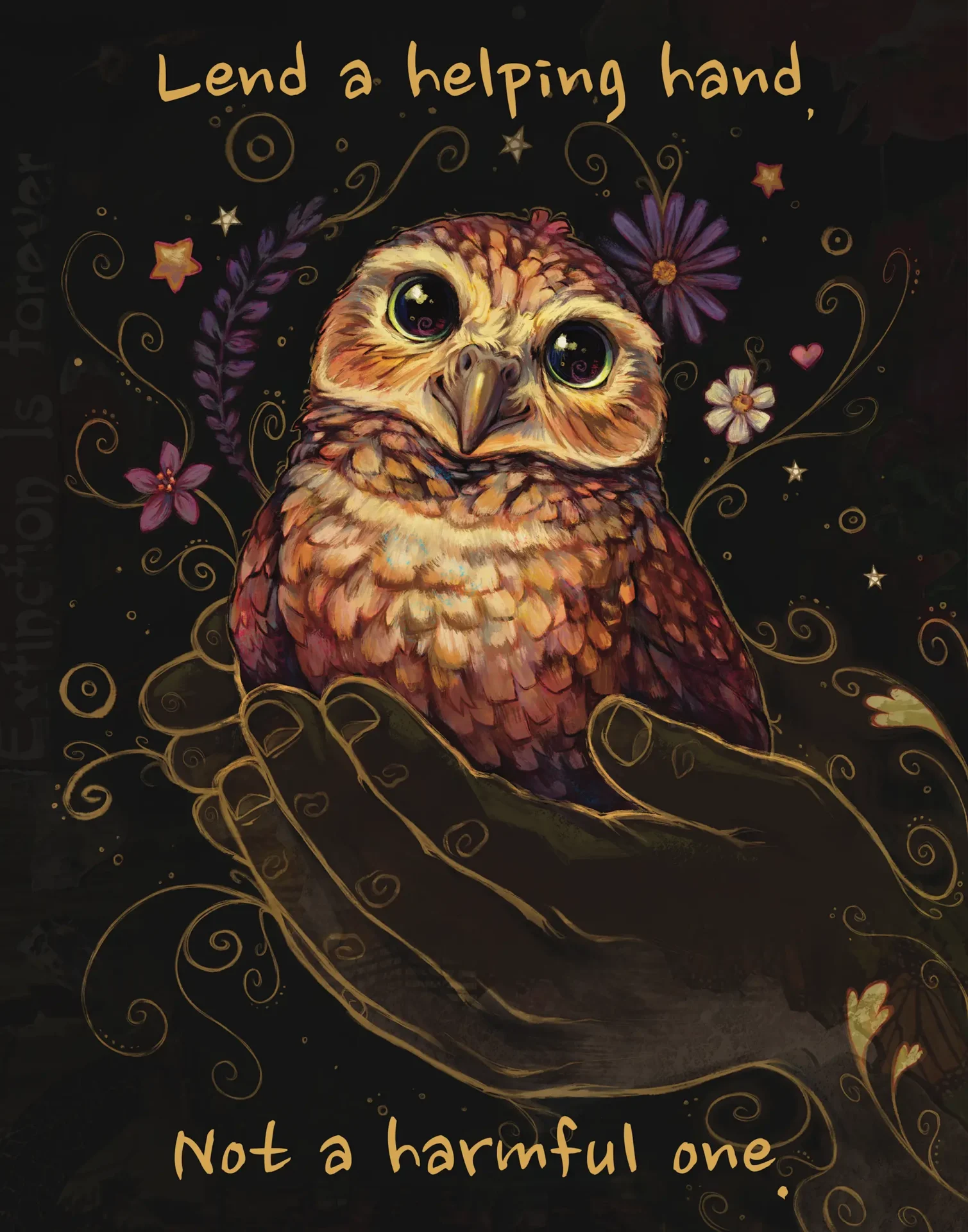 Owl being held in hand with text lend a helping hand not a harmful one