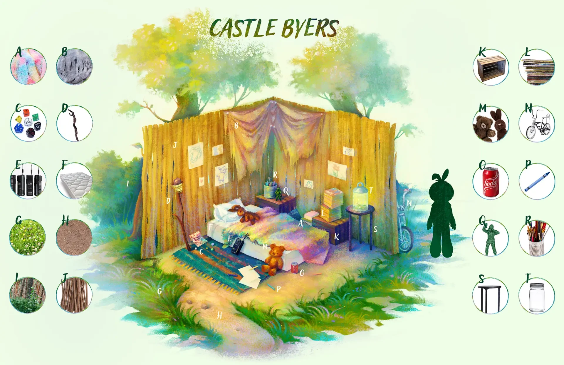 Illustration of a bedroom set up in an outdoors/rustic environment