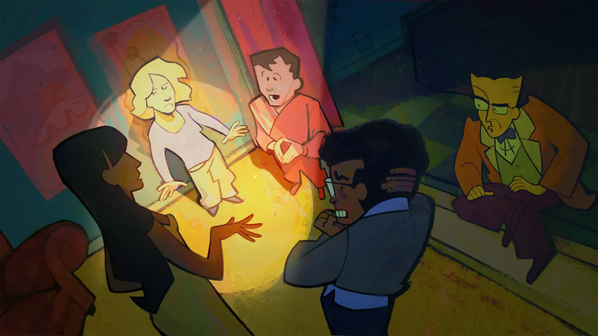 a group of people stand in a circle, everyone has a worried or suspicious expression on their face