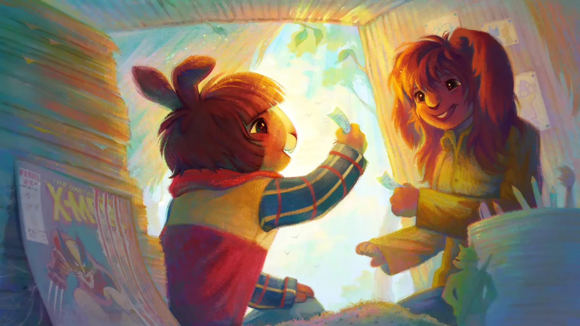 Two rabbit-like people exchange money at a comic store