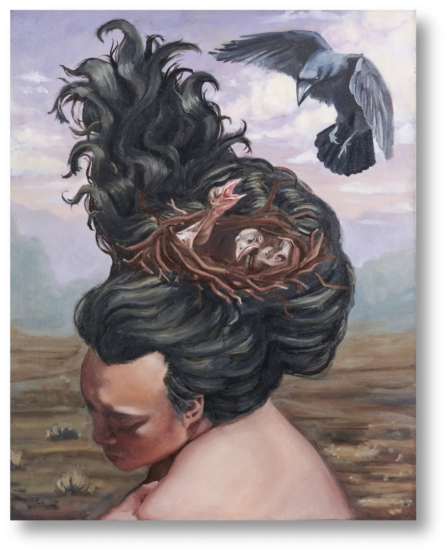 Asian man with hair nest and baby birds