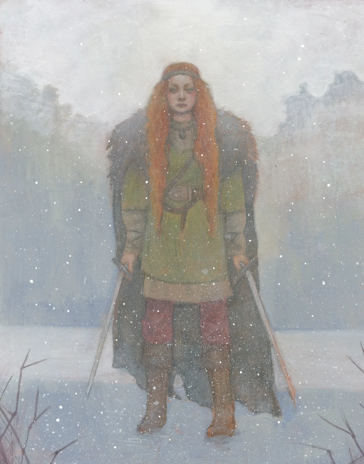 Woman with red hair stands in the snow in fur jacket holding two swords