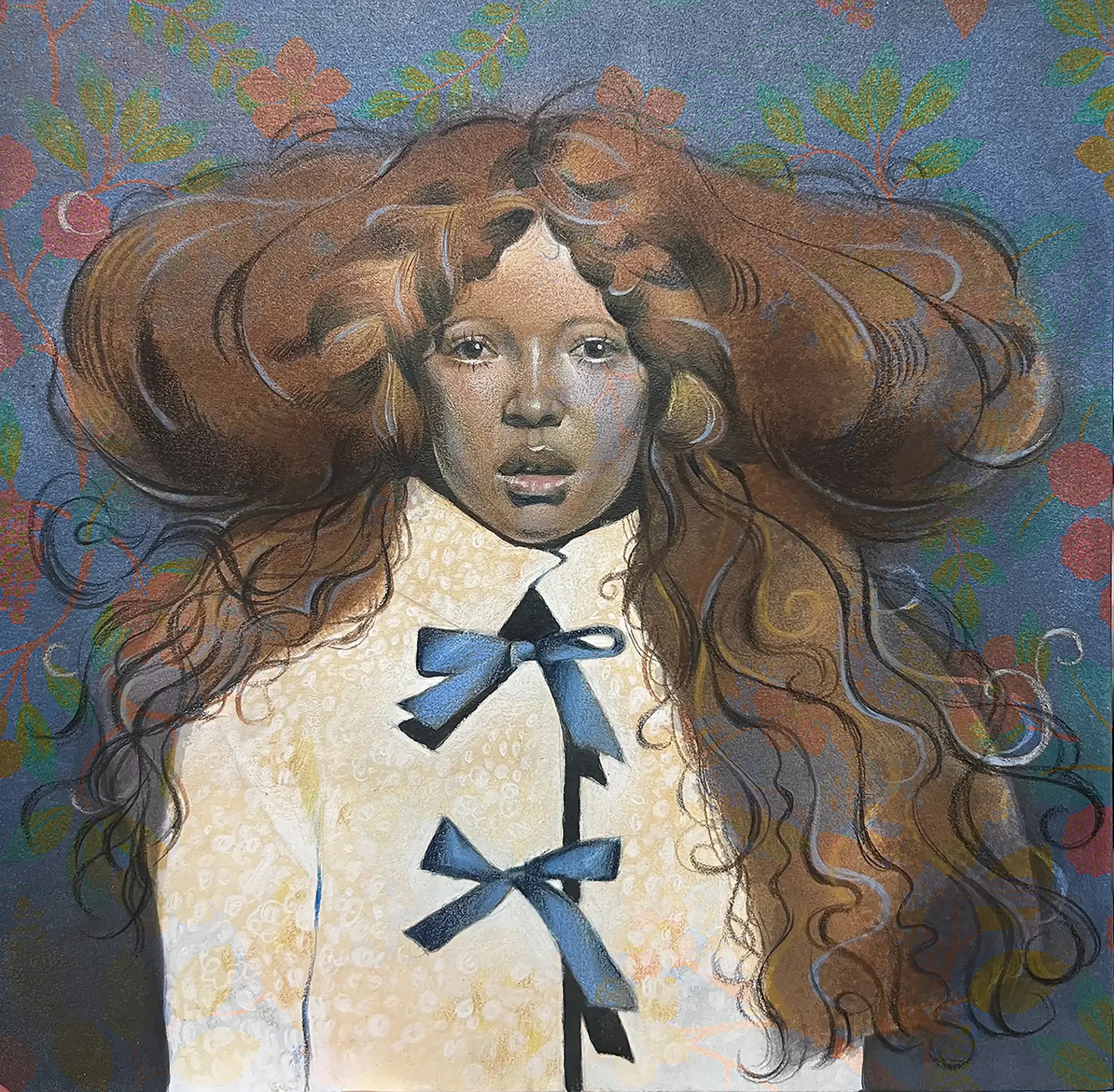 Woman with big curly brown hair and white jacket with blue bows