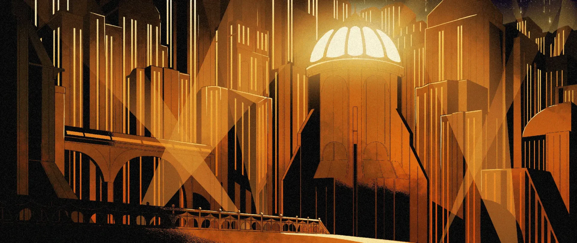 Industrial building illustration with a bright glowing coming from the dome of a building