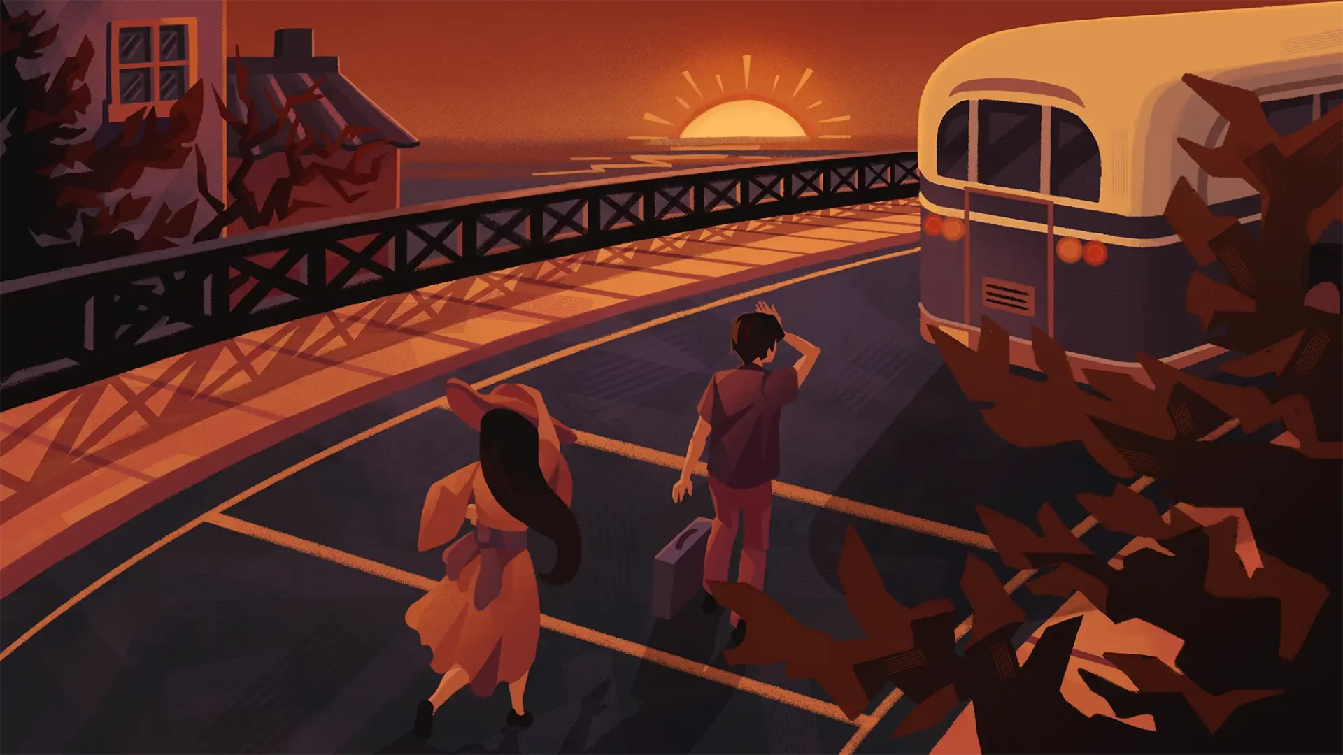 A man and a woman holding her hat onto her head run after a bus on a windy turn of road