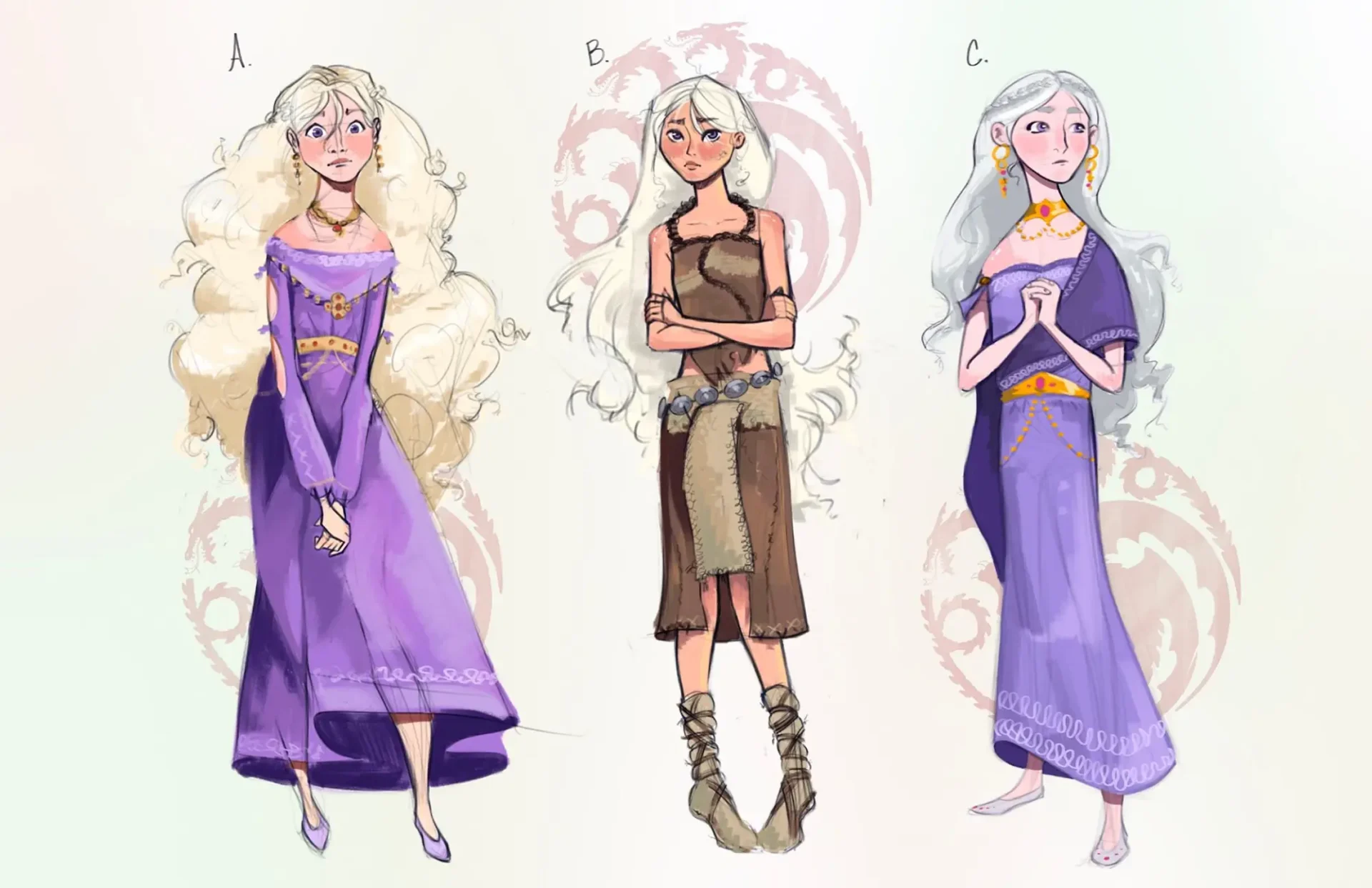 Character turnaround of woman with purple dress and long white hair
