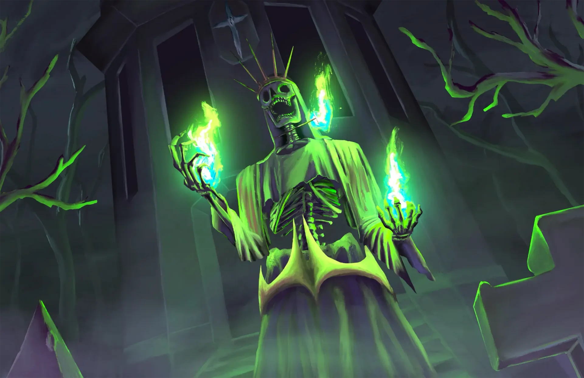 Skeleton creature wearing spiked crown has green flames in hands