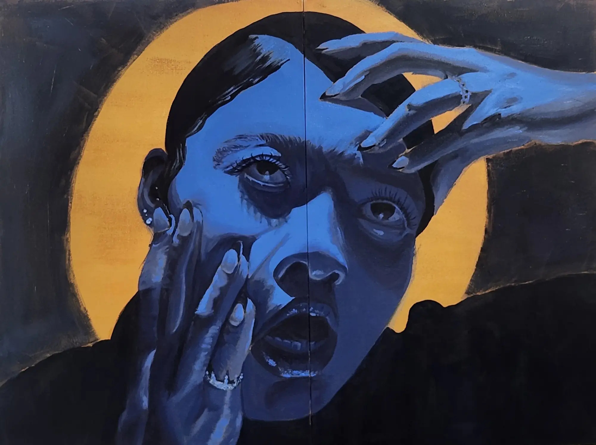 Painting of a woman pulling her eye open with both hands