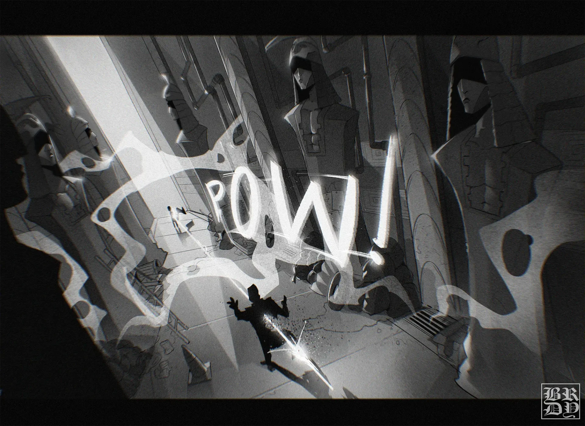 Black and white image of small figure in large hallway with statues